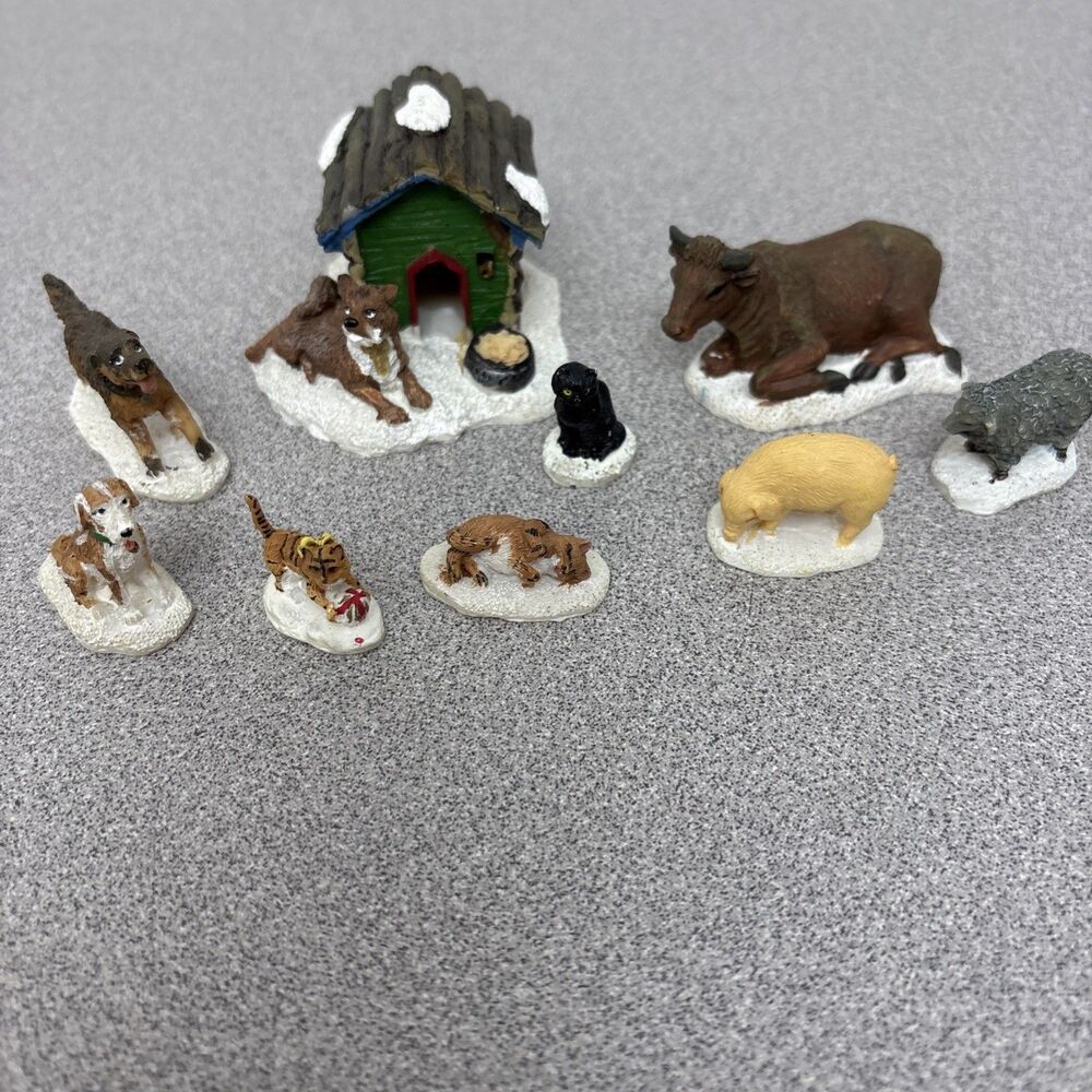 Lemax & Unbranded Christmas Village Farm Animals Dogs, Cat Pig, Cow, Lot Of 9